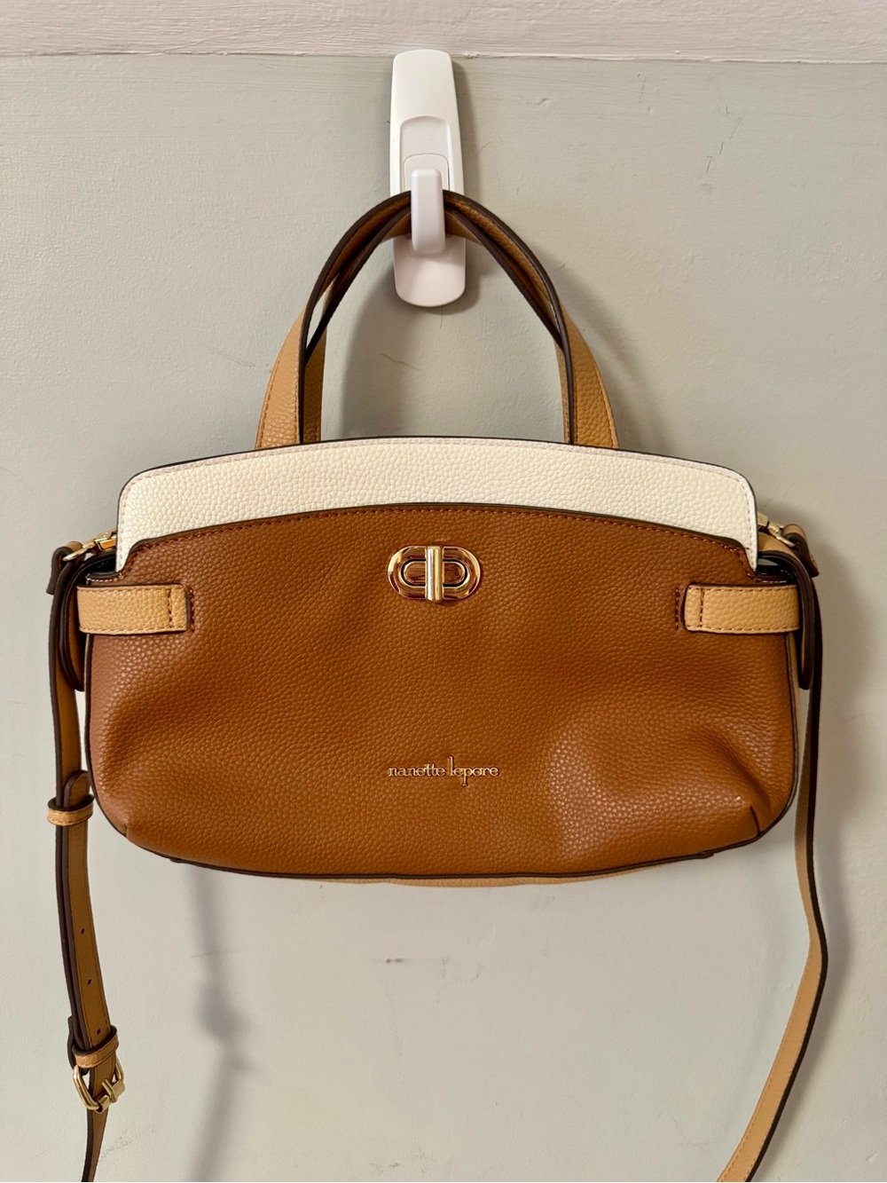 Nanette Lepore Colorblock Satchel Crossbody Bag Tan Brown Ivory